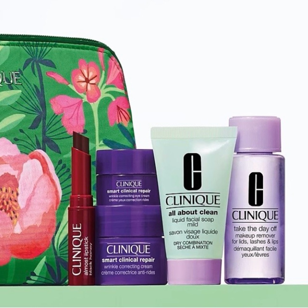 Clinique Floral Cosmetic Pouch with Skincare & Lipstick - Green, Pink, Purple